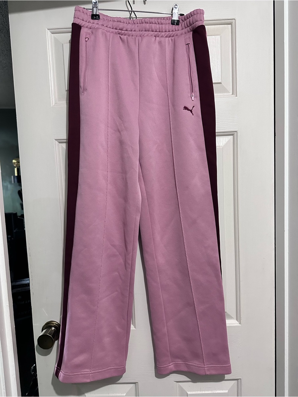 Puma Women's Pink Track Pants with Burgundy Side Stripes